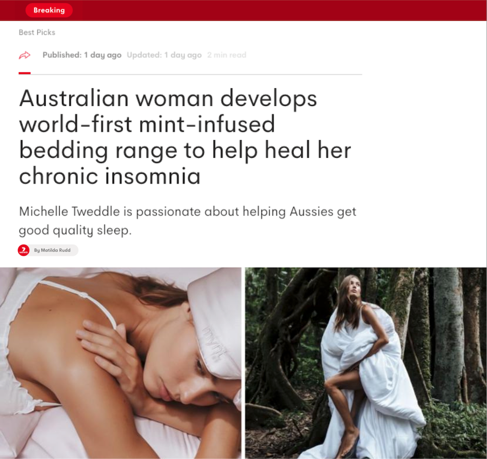 A woman lies on a bed with white sheets, resting her head on her arm. Next to her, another image shows her standing outdoors wrapped in a white blanket, surrounded by greenery. Text discusses mint-infused bedding for insomnia.