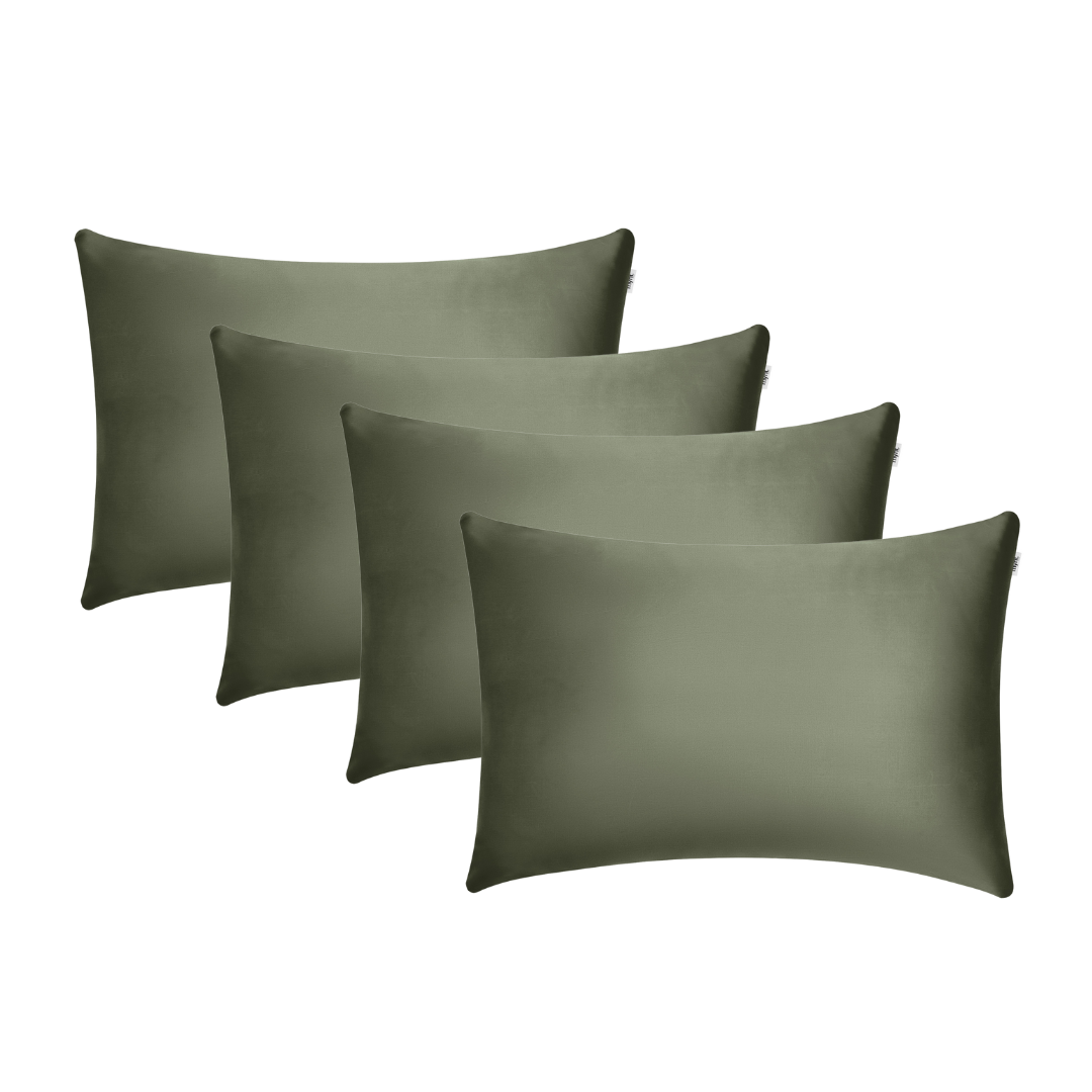 Four olive green rectangular pillowcases are arranged in a staggered pattern against a white background.