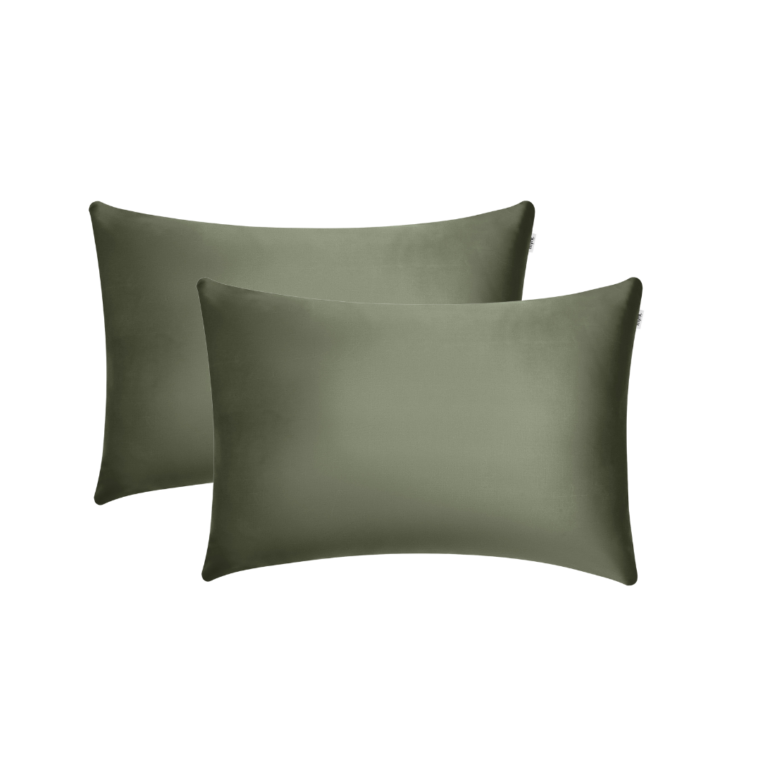 Two olive green rectangular satin pillowcases are displayed against a white background, with one pillowcase slightly overlapping the other.