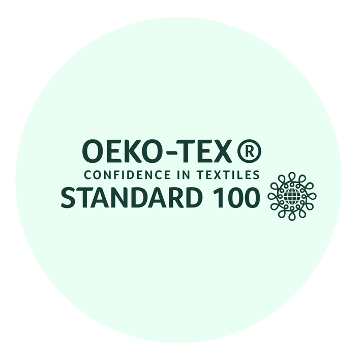 OEKO-TEX® STANDARD 100 logo with the text Confidence in Textiles and a circular, abstract symbol, all on a light green background.