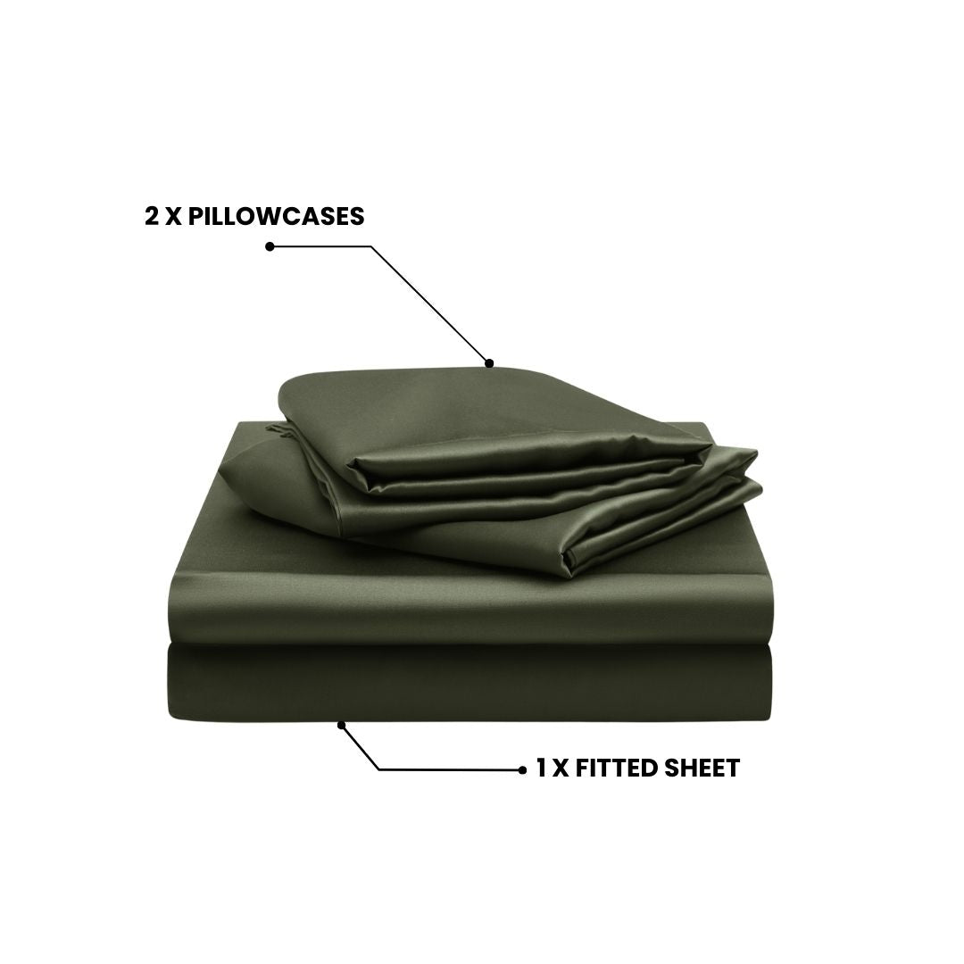 A stack of Mynt Lab MyntFusion™ Fitted Sheet Set (3-piece) in dark green, including two pillowcases and one cooling deep pocket fitted sheet, is displayed on a white background.