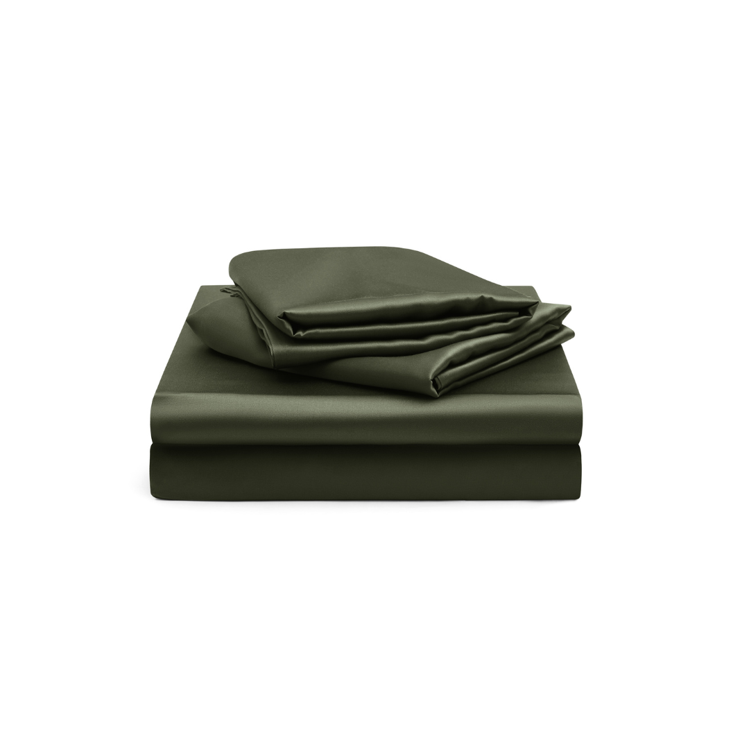 A neatly folded dark green bedsheet set, including a fitted sheet, a flat sheet, and pillowcases, displayed against a white background.