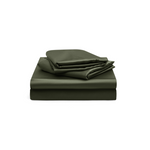 A neatly folded dark green bedsheet set, including a fitted sheet, a flat sheet, and pillowcases, displayed against a white background.