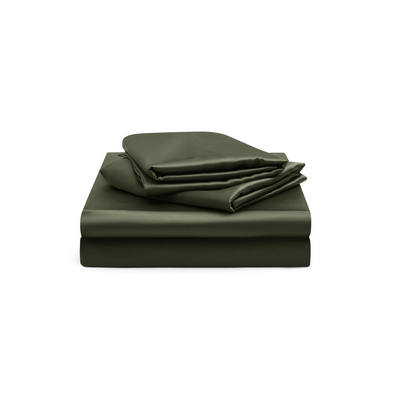 A neatly folded dark green bedsheet set, including a fitted sheet, a flat sheet, and pillowcases, displayed against a white background.