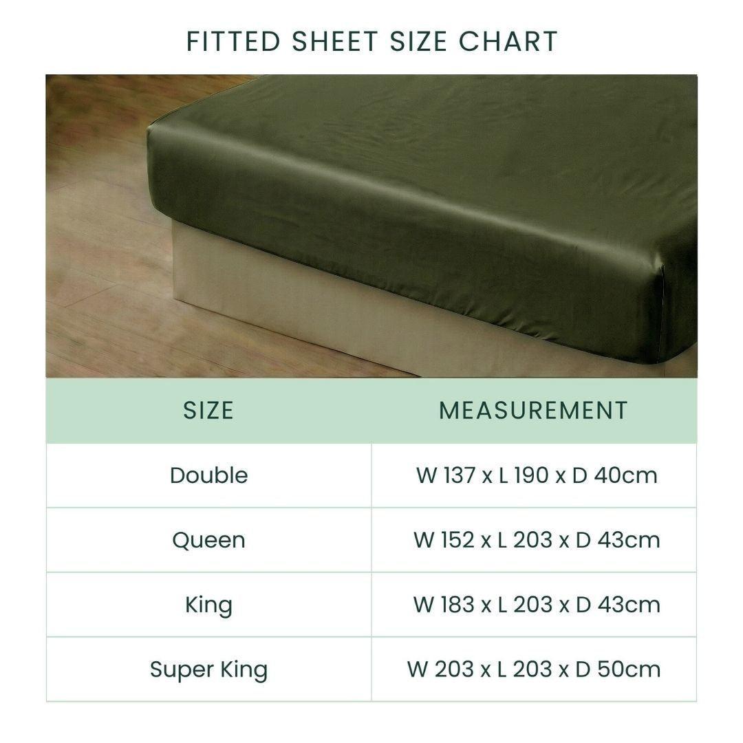 A size chart for Mynt Lab’s MyntFusion™ Complete Sheet Set (4-Piece) | Super King, featuring a green, hypoallergenic fitted sheet on a mattress. Lists Double, Queen, King, and Super King dimensions (cm) with width, length, depth - great for hot sleepers.
