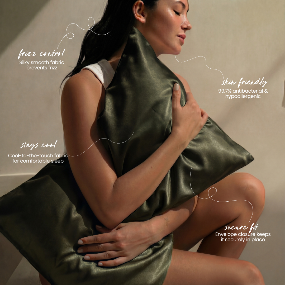 Woman holding an olive green pillow with text about its features on a beige background