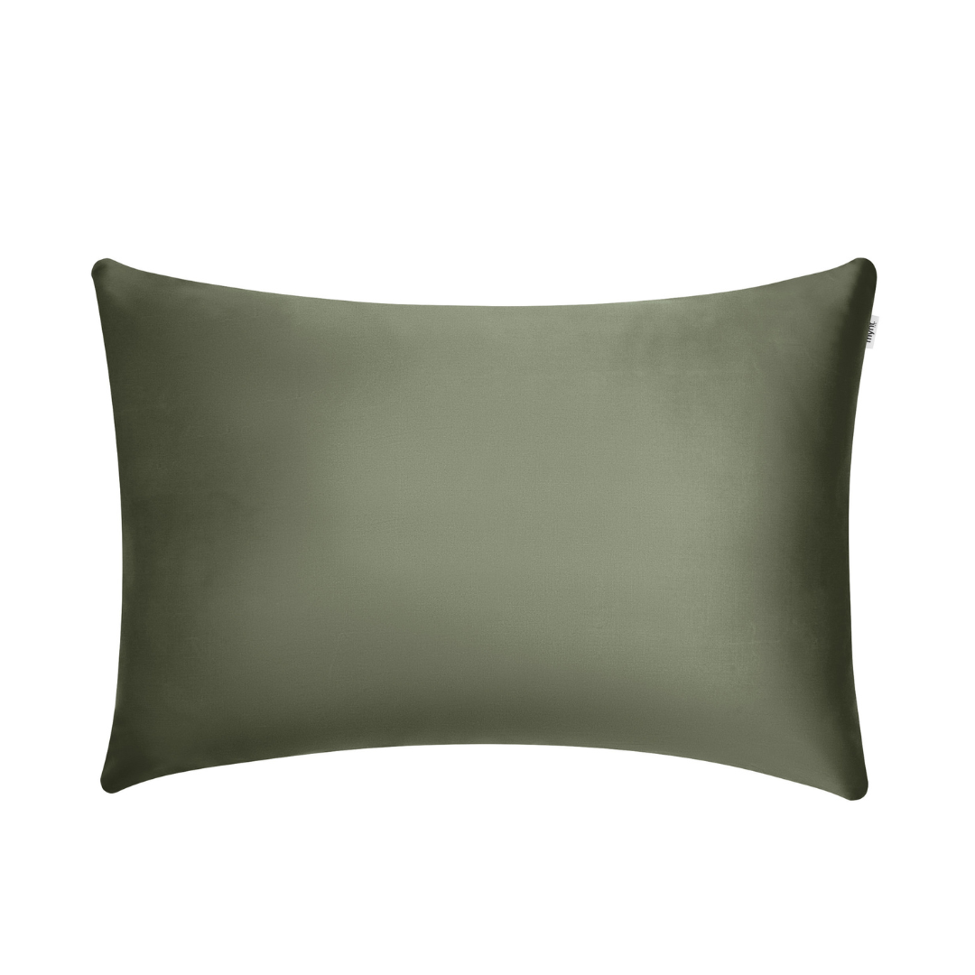 A rectangular, olive green silk pillowcase is shown against a white background. The pillowcase has a smooth, shiny texture and simple, minimalist design.