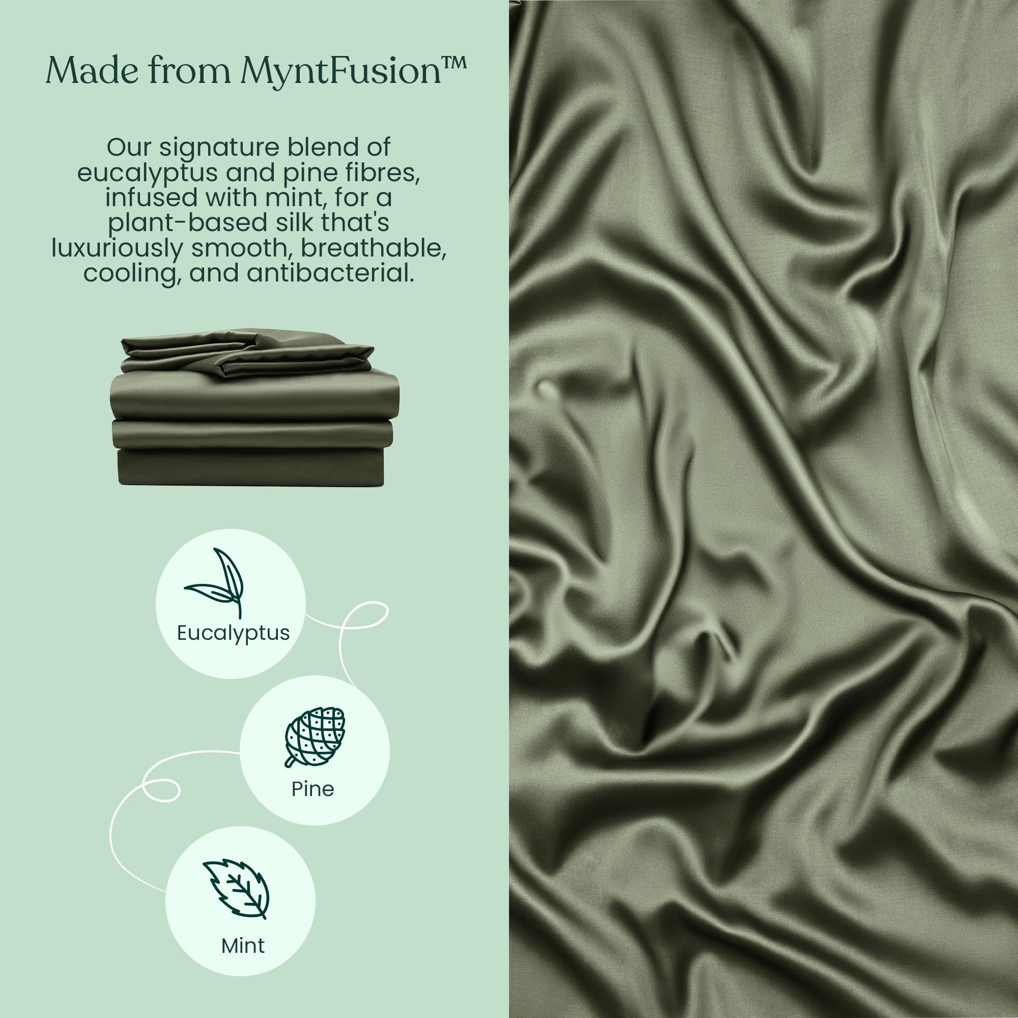 Green, silky fabric drapes beside text about Mynt Lab's Complete Sheet Set (4-Piece), crafted from plant-based eucalyptus, pine, and mint fibers. Three icons show the plants, with a folded antibacterial sheet set above the description.