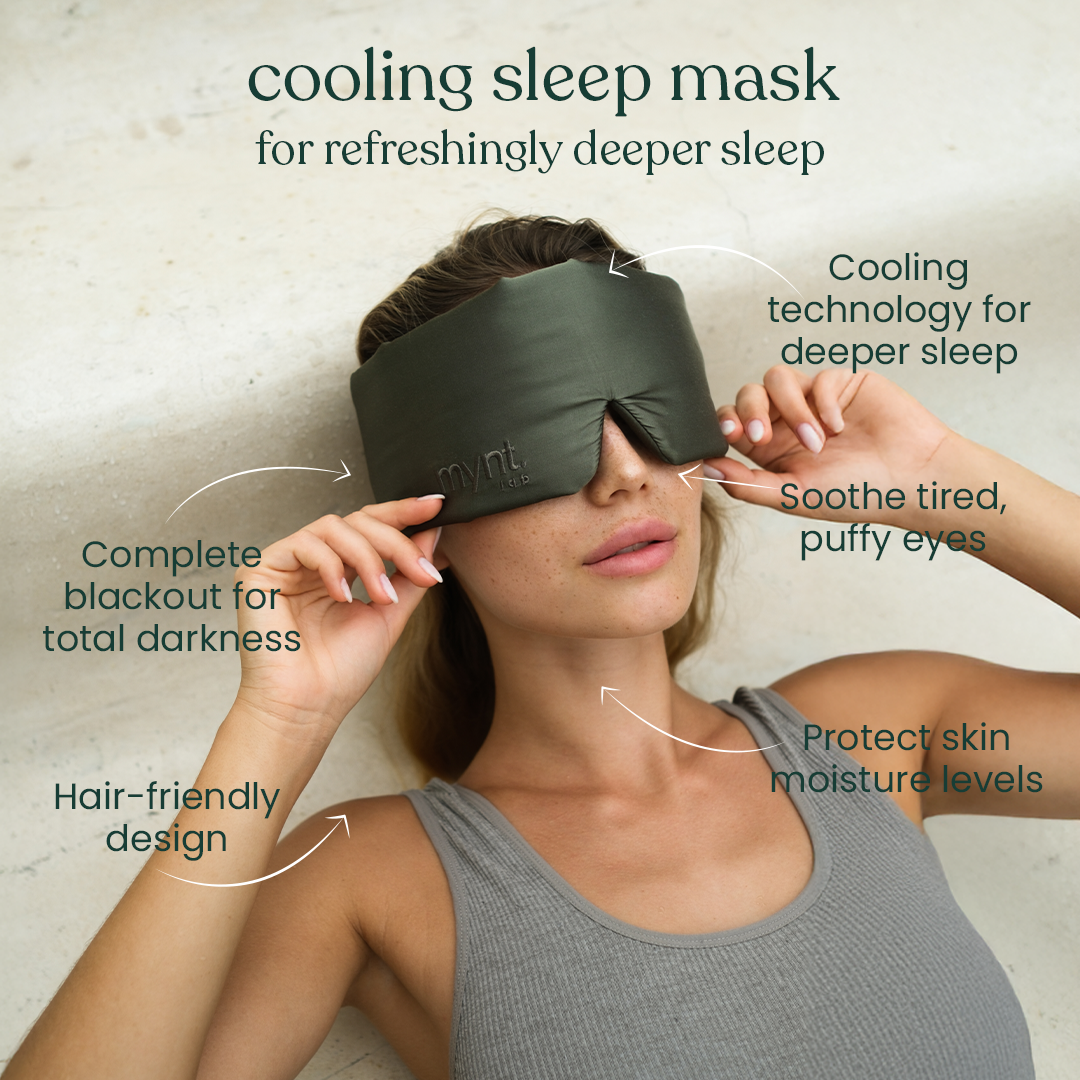 Woman wearing a cooling sleep mask with text highlighting its features on a neutral background
