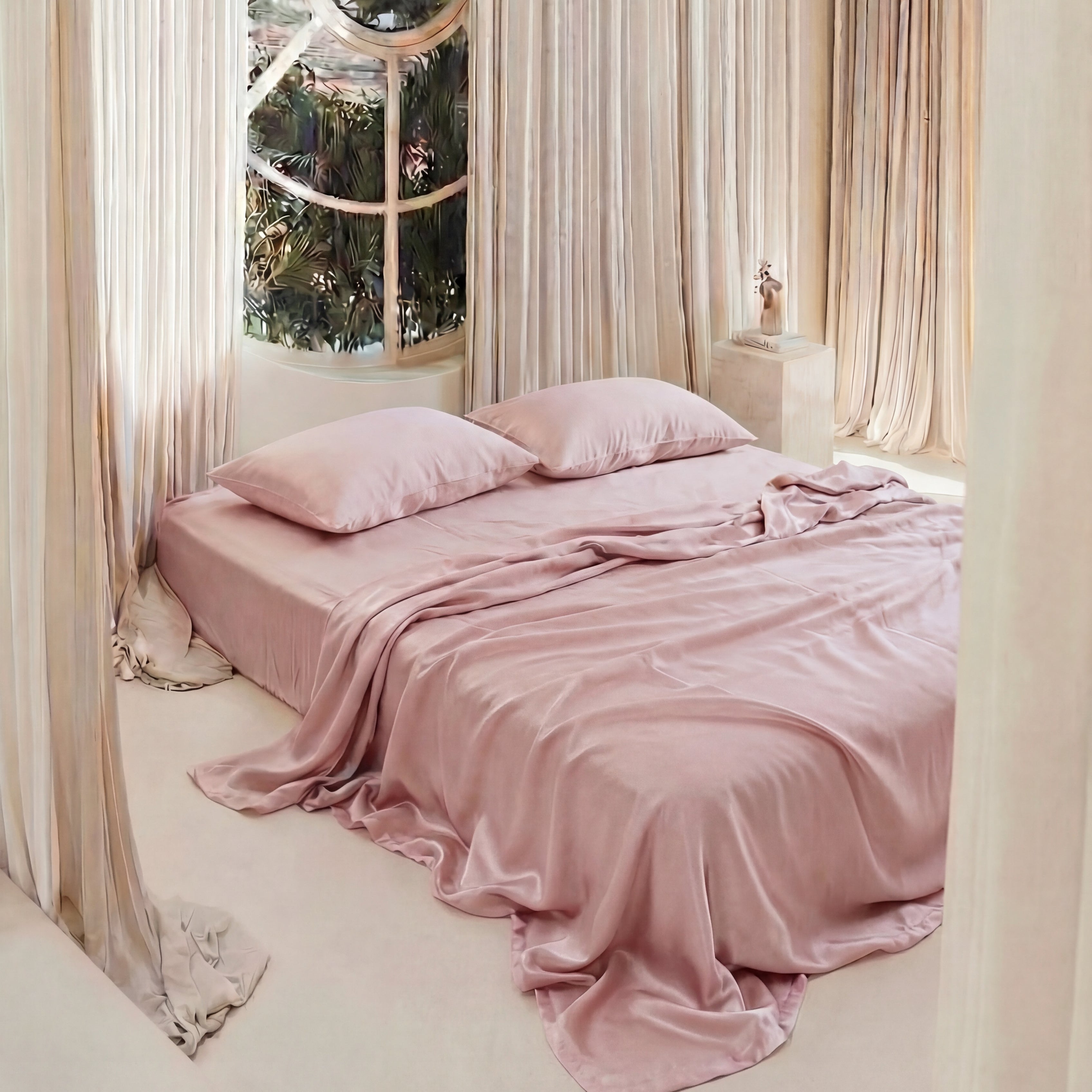 A softly lit bedroom with sheer beige curtains, a large circular window, and a low bed dressed in Mynt Lab's MyntFusion™ Complete Sheet Set (4-Piece) - pink cooling sheets ideal for hot sleepers. A small table with decor sits near the window.