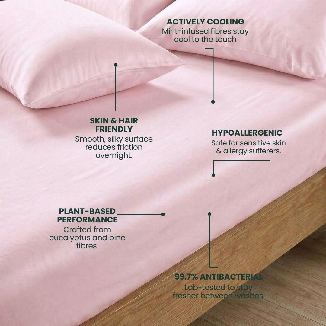 A bed with pink Mynt Lab MyntFusion™ Fitted Sheet Set (3-Piece), featuring deep pockets for a perfect fit.