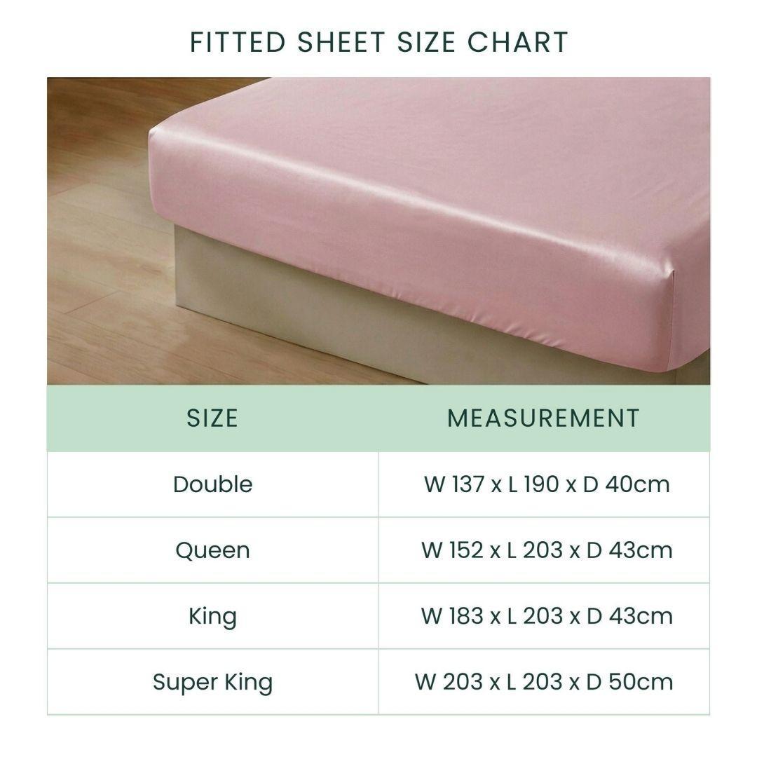 A size chart with a photo of the pink MyntFusion™ Fitted Sheet Set (3-Piece) by Mynt Lab on a bed. It lists Double, Queen, King, and Super King deep pocket sheet sizes (width, length, depth in cm).