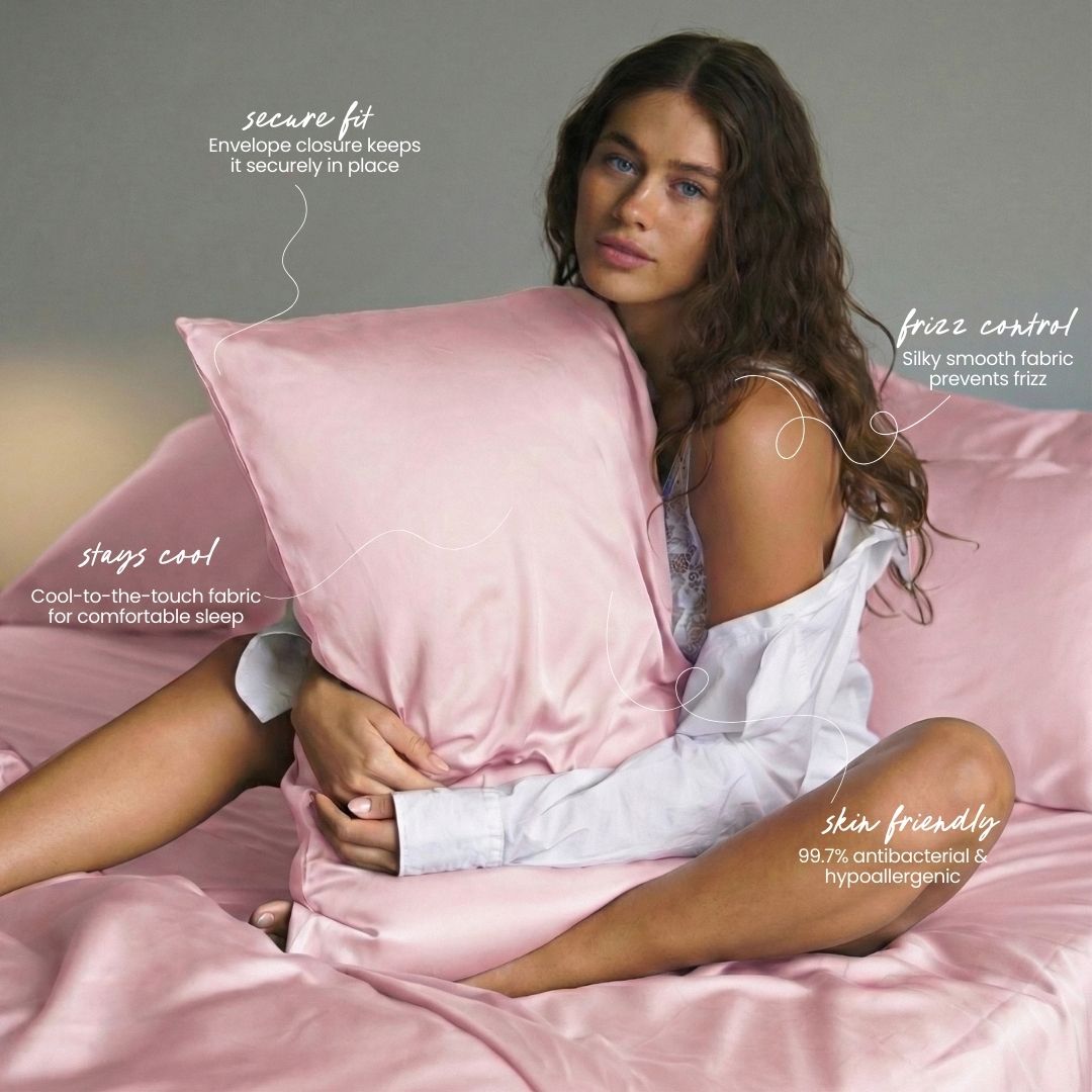 Woman holding a pink pillow with text about pillow features on a grey background