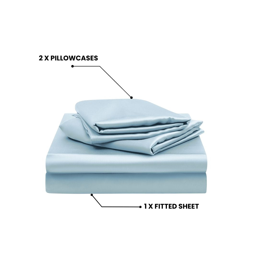 A neatly folded Mynt Lab MyntFusion™ Fitted Sheet Set (3-Piece) in light blue is shown on a plain white background, with labeled pillowcases stacked on top and a cooling deep-pocket fitted sheet folded underneath.