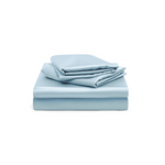 A neatly folded light blue bed sheet set, including a fitted sheet, a flat sheet, and two pillowcases, stacked on a white background.