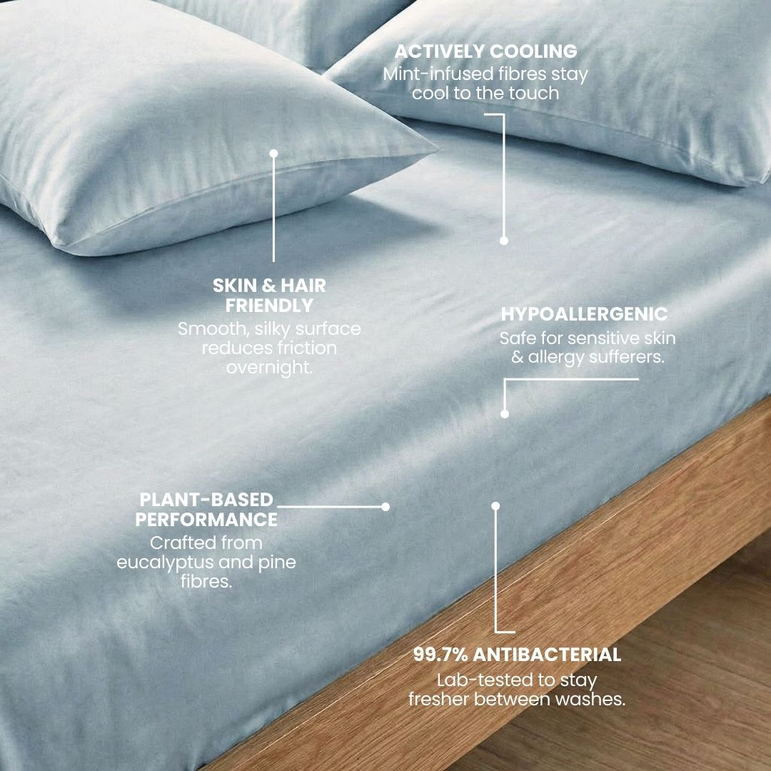 Close-up of a light blue Mynt Lab MyntFusion™ Fitted Sheet Set (3-Piece) and pillows on a wooden bed, featuring actively cooling, skin & hair friendly, hypoallergenic, plant-based materials, and 99.7% antibacterial protection.