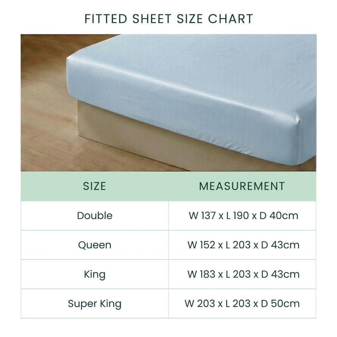 A size chart for the Mynt Lab MyntFusion™ Complete Sheet Set (4-Piece) shows Double, Queen, King, and Super King options with dimensions in centimetres. Close-up: pale blue cooling sheet - perfect for hot sleepers seeking comfort.