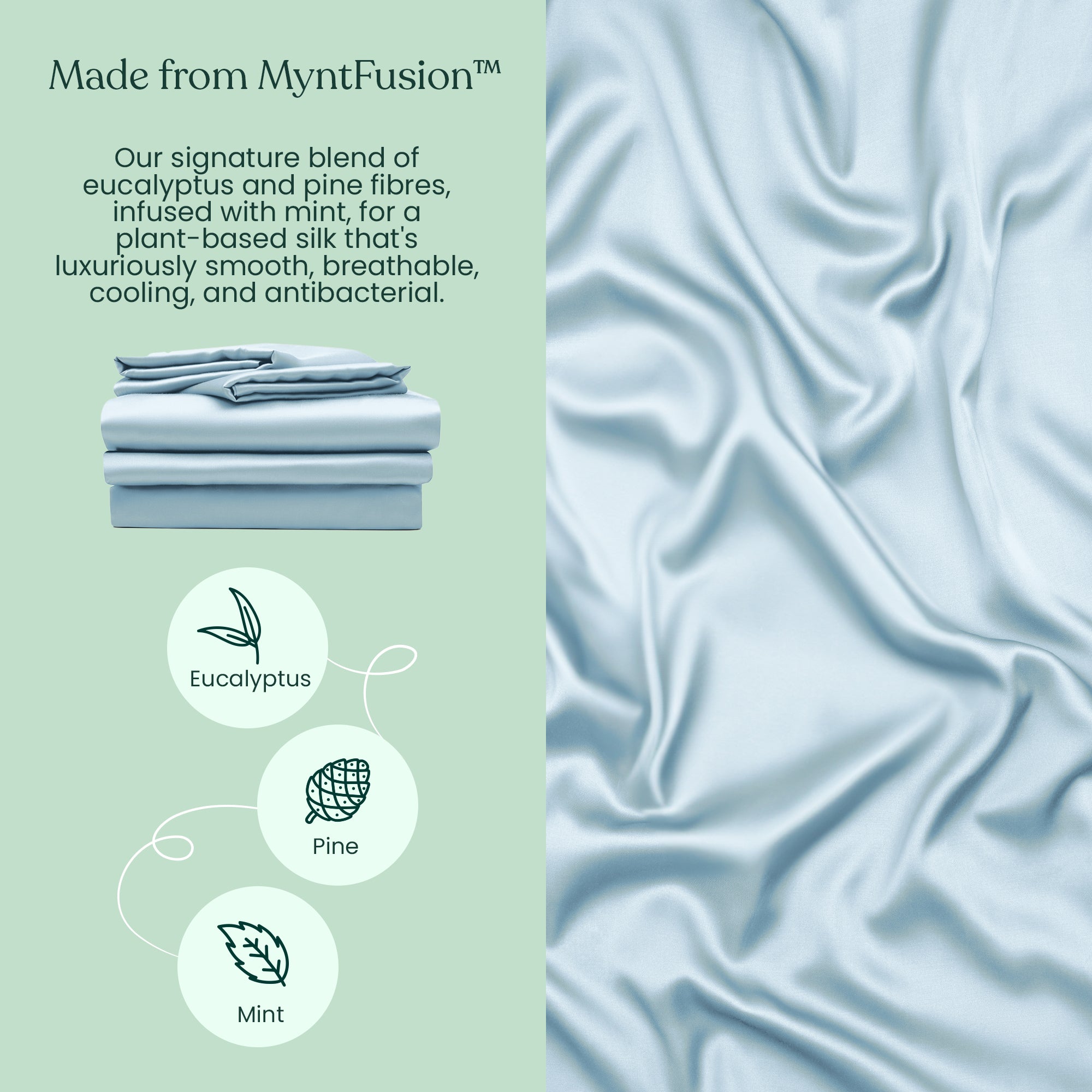On the left, Mynt Lab's Complete Sheet Set (4-Piece) in light blue is folded, made from plant-based eucalyptus, pine, and mint. On the right is a close-up of the cooling silky fabric. Three icons highlight eucalyptus, pine, and mint.