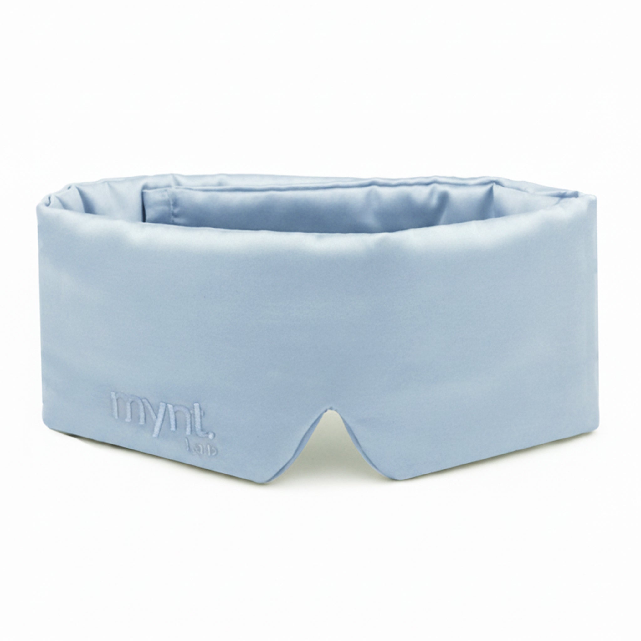 Light blue sleep mask with 'Mynt lab' branding on a white background