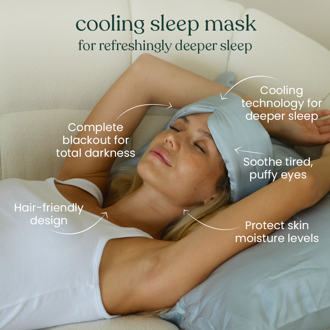 Woman wearing a cooling sleep mask with text highlighting its features.