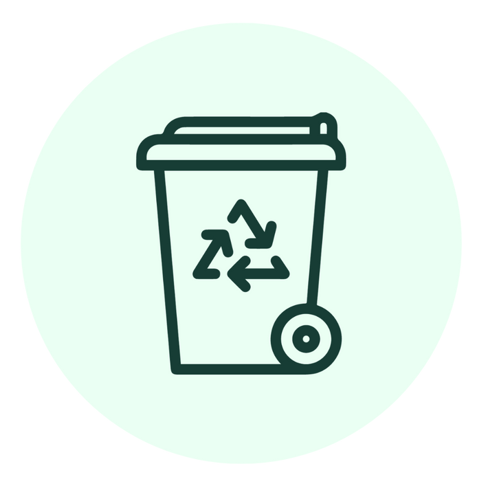 A simple line drawing of a recycling bin with a recycling symbol on the front, shown against a light circular background.