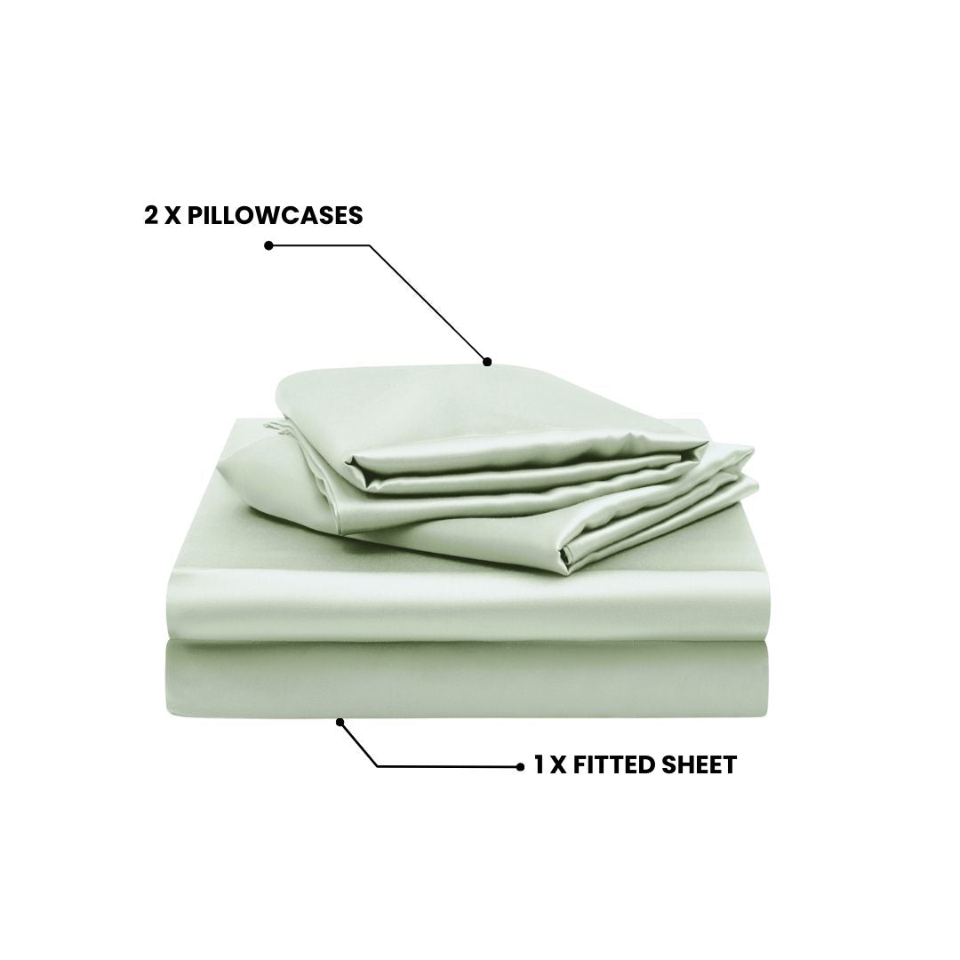 A neatly folded Mynt Lab MyntFusion™ Fitted Sheet Set (3-Piece) in light green, showing the cooling deep pocket fitted sheet beneath two stacked pillowcases, each identified by labeled arrows.