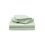 A neatly folded set of light green bed sheets and pillowcases stacked on a white background.