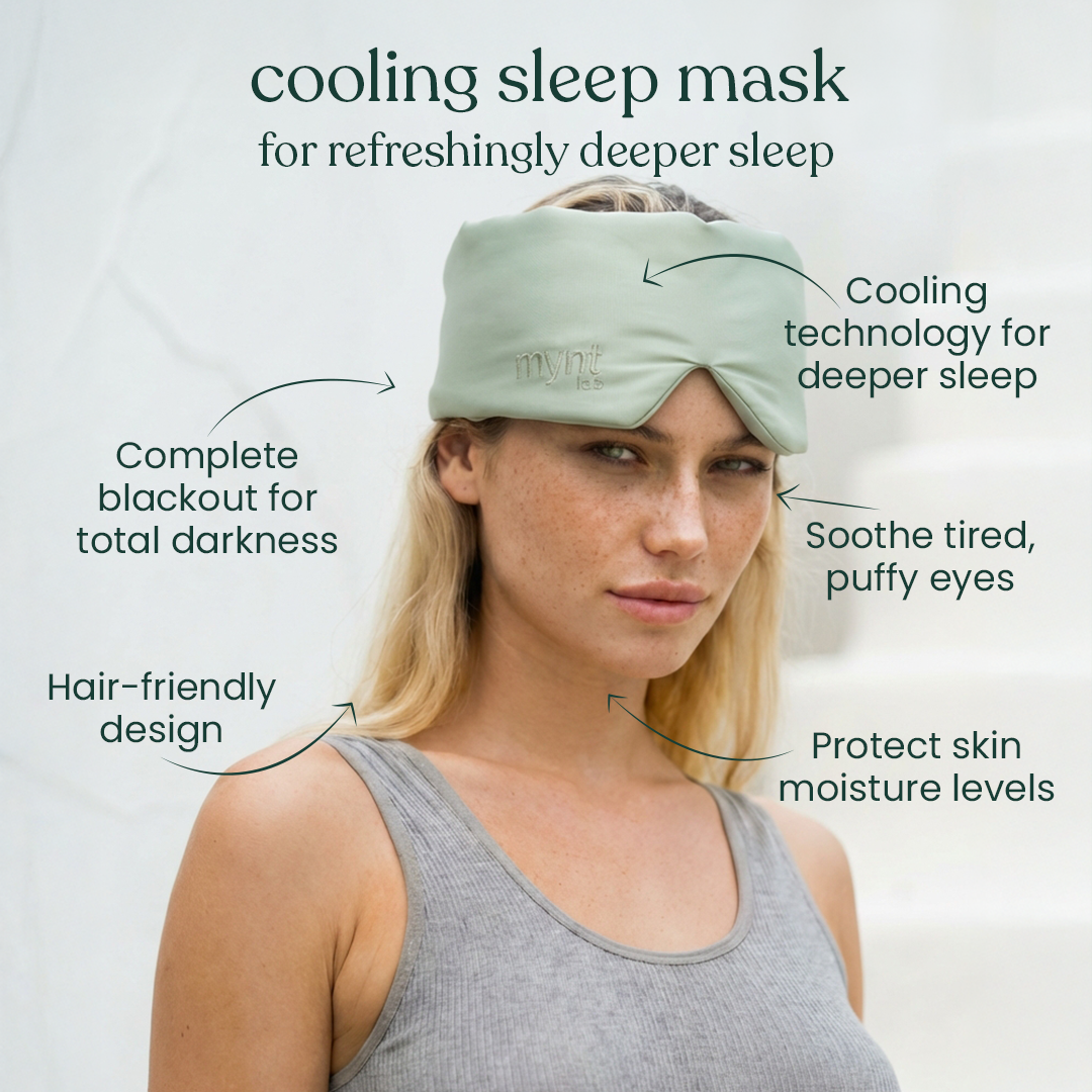 Woman wearing a cooling sleep mask with text highlighting its features on a white background