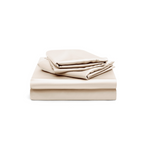 A neatly folded set of cream-colored bed sheets and pillowcases on a white background.