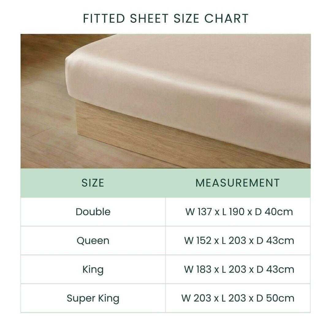 A bed image tops the fitted sheet size chart for the MyntFusion™ Fitted Sheet Set (3-Piece) by Mynt Lab, listing Double, Queen, King, and Super King sheet dimensions in centimetres for width, length, and depth - suitable for deep pocket sheets.