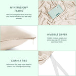 A collage showcases the MyntFusion™ Complete Bedding Bundle (5-Piece) by Mynt Lab: mint-infused fabric with a mint box, invisible zipper on pillows, reinforced corner ties, cooling antibacterial sheets, and secure duvet ties.