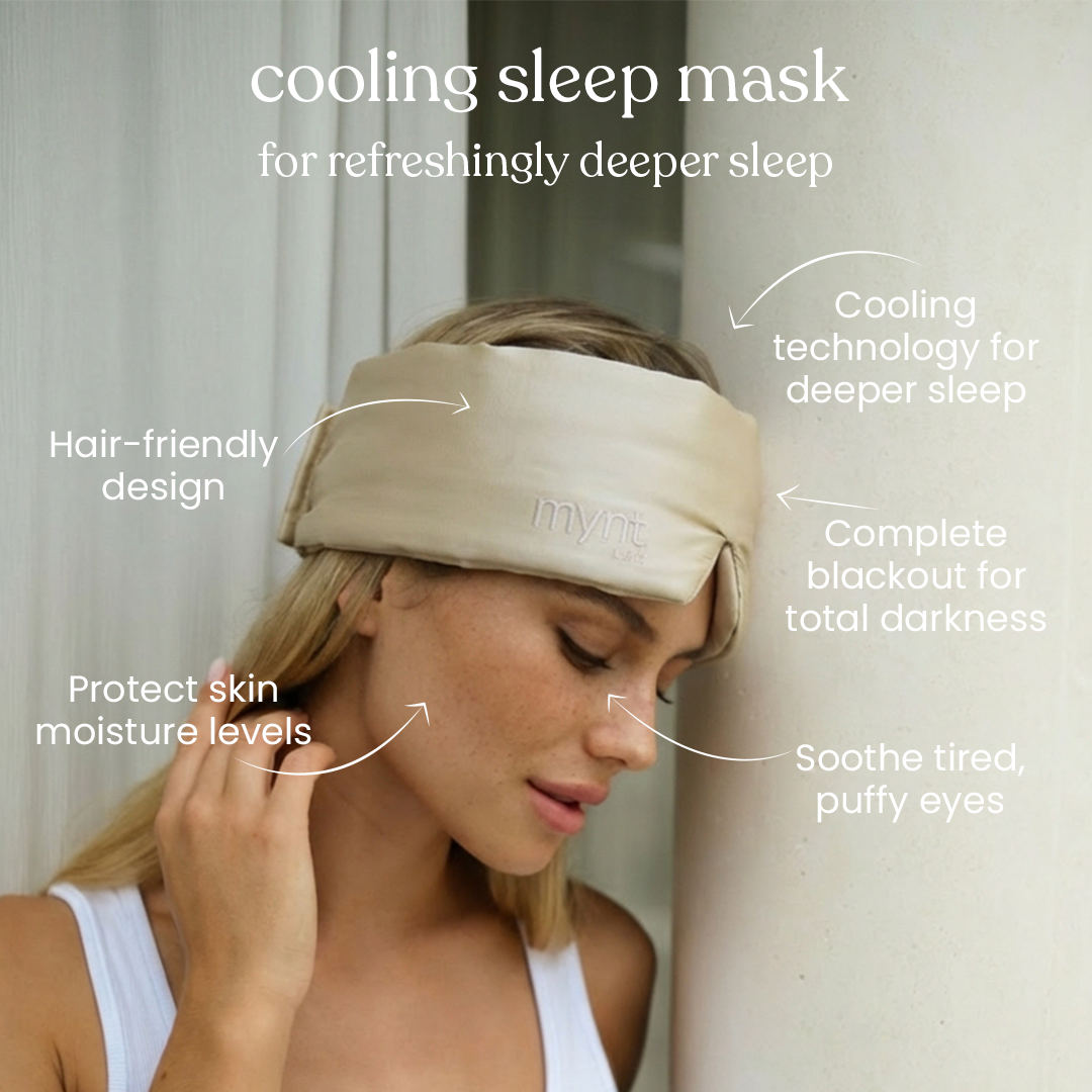 Woman wearing a beige cooling sleep mask with product features highlighted.