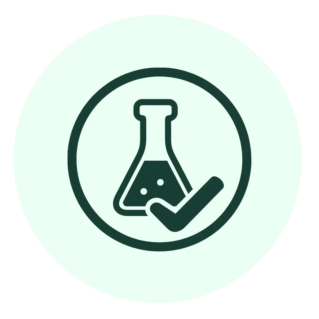 Icon of a laboratory flask with liquid inside and bubbles, next to a check mark, all enclosed within a circle on a light background. Represents approved or safe laboratory results.