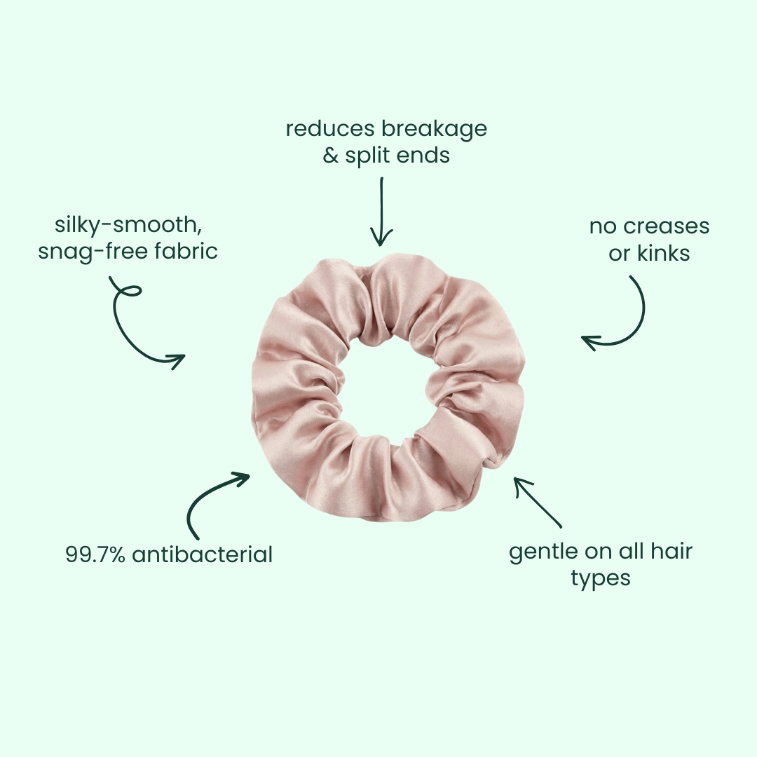 Pink scrunchie with text highlighting its benefits on a light green background