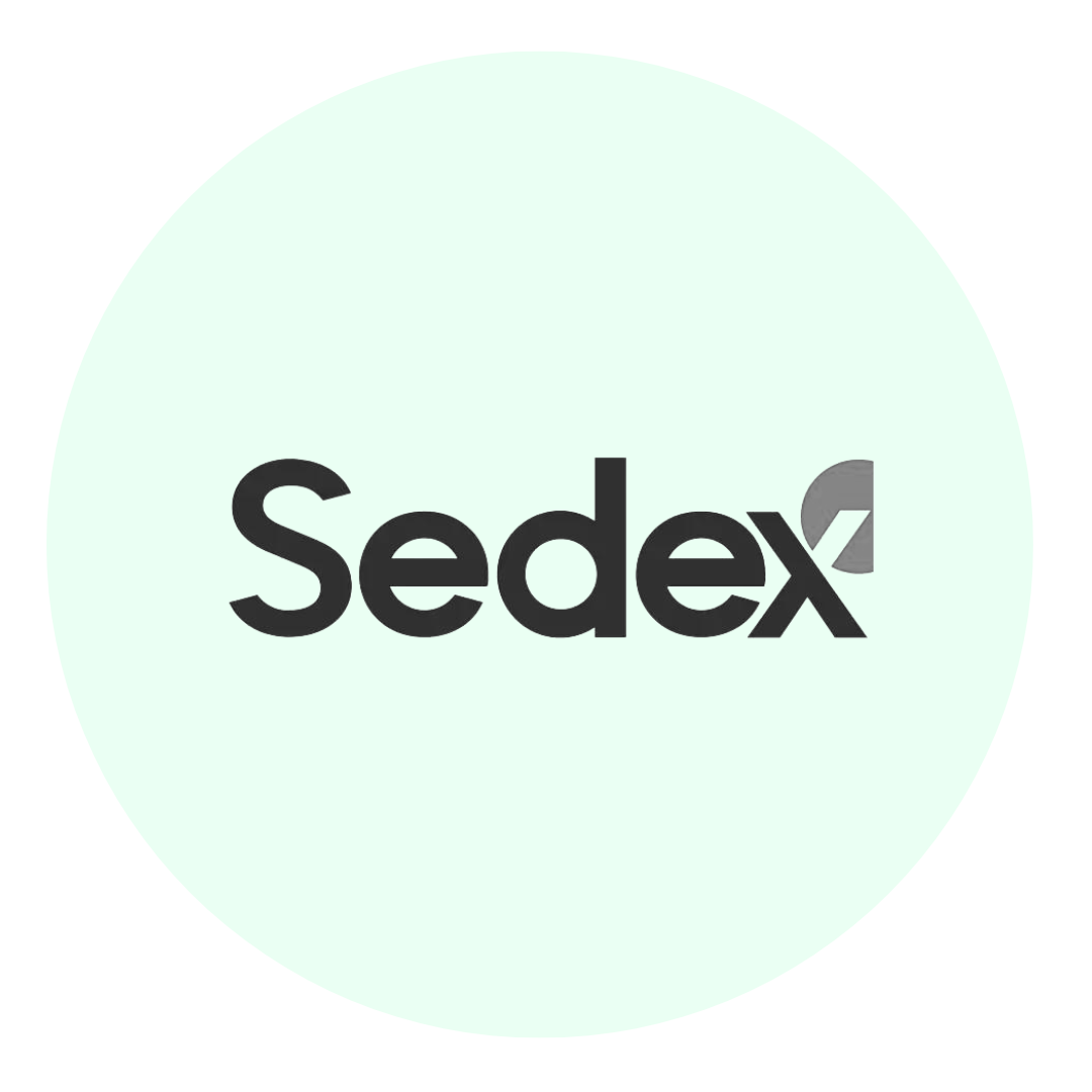 The image displays the word Sedex in bold black letters on a light green circular background. The letter x is stylized with a gray leaf-like accent.