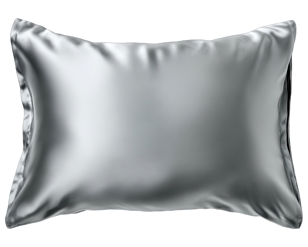 A shiny silver silk pillowcase with smooth, reflective surface and slight wrinkles, displayed against a plain white background.
