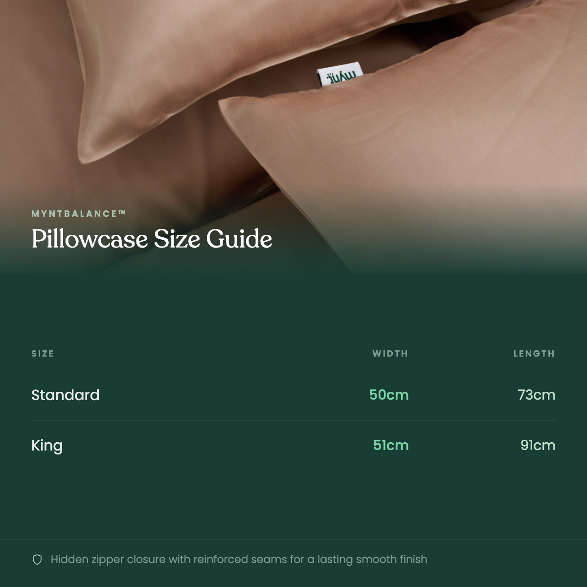 MyntBalance™ temperature balancing pillowcase made of breathable TENCEL™ lyocell with hidden zipper closure