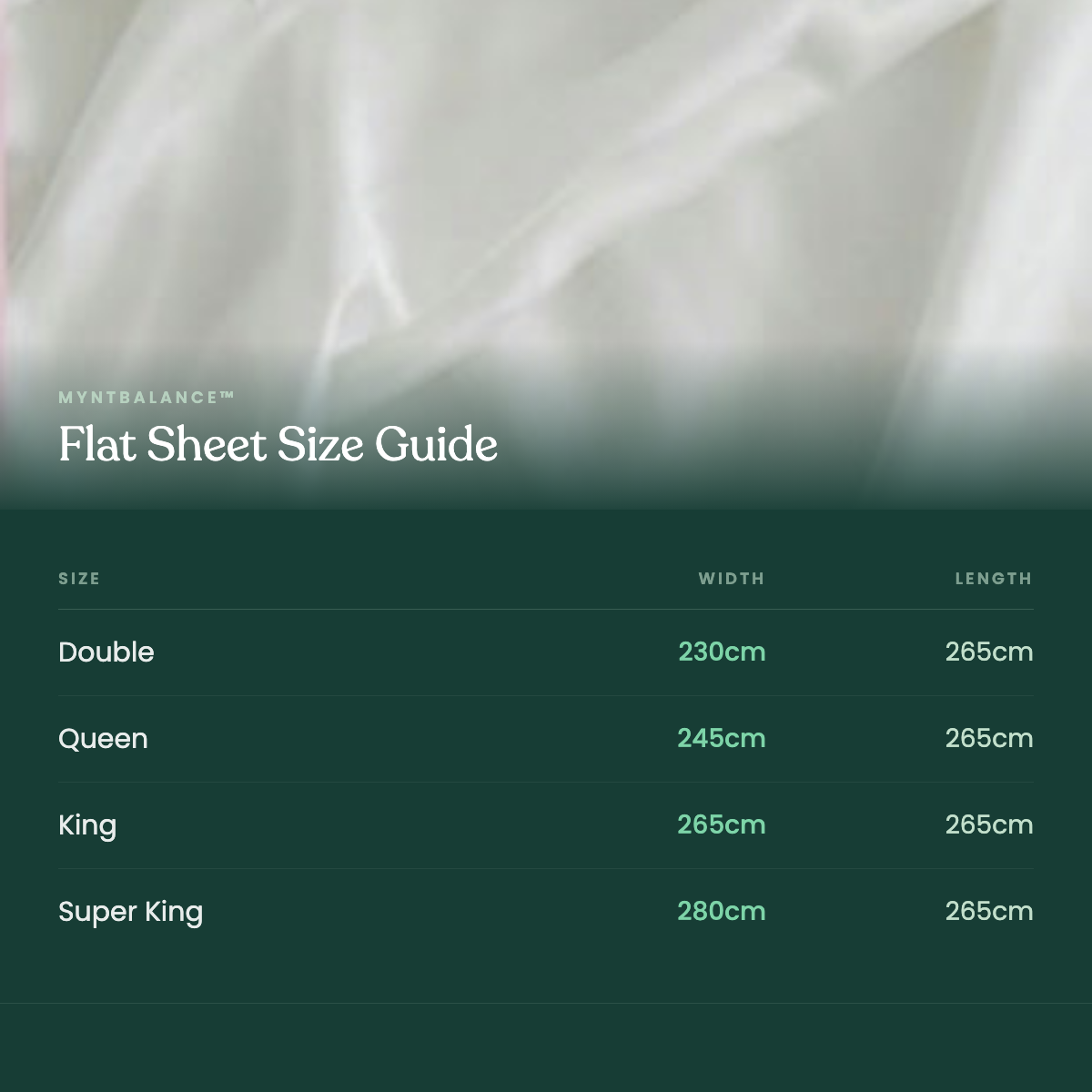 MyntBalance size chart - Snow - Flat Sheet Size Guide