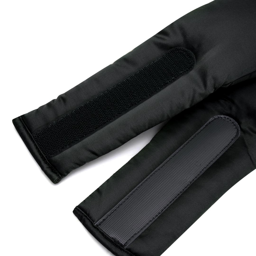 Close-up of the Sleep Mask’s smooth, slightly padded black fabric - delivers comfort and blocks light, encouraging deep sleep. Features an adjustable rectangular Velcro strap for a customisable fit.