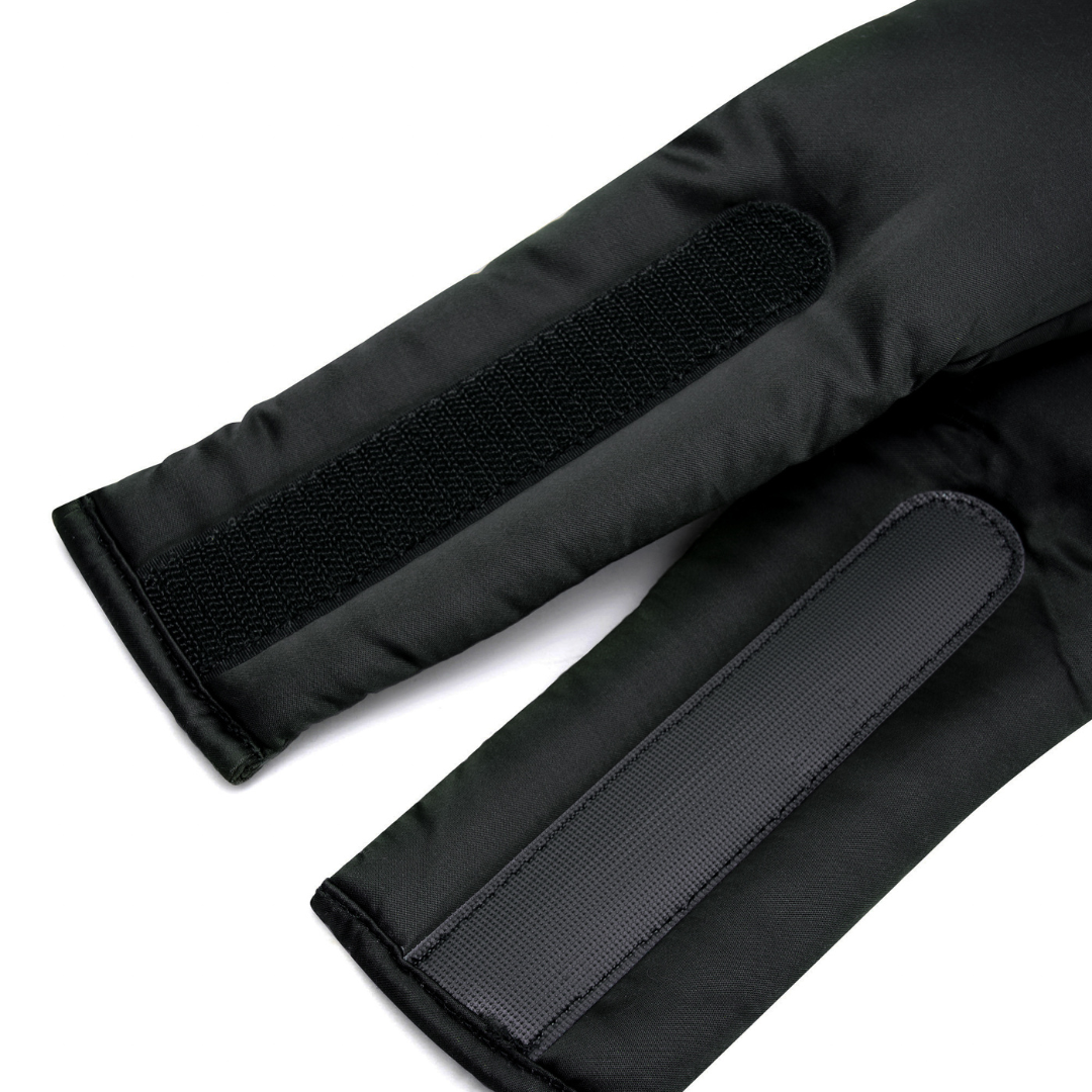 Close-up of the Sleep Mask’s smooth, slightly padded black fabric - delivers comfort and blocks light, encouraging deep sleep. Features an adjustable rectangular Velcro strap for a customisable fit.