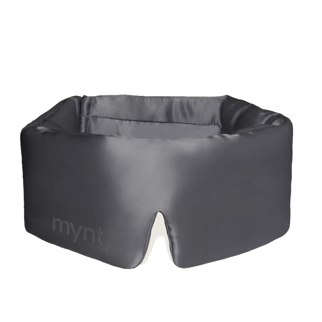 The Sleep Mask is a dark grey, padded mask with "mynt lab" embossed on the side and a nose notch at the bottom centre for comfort, designed to block light and promote deep sleep.
