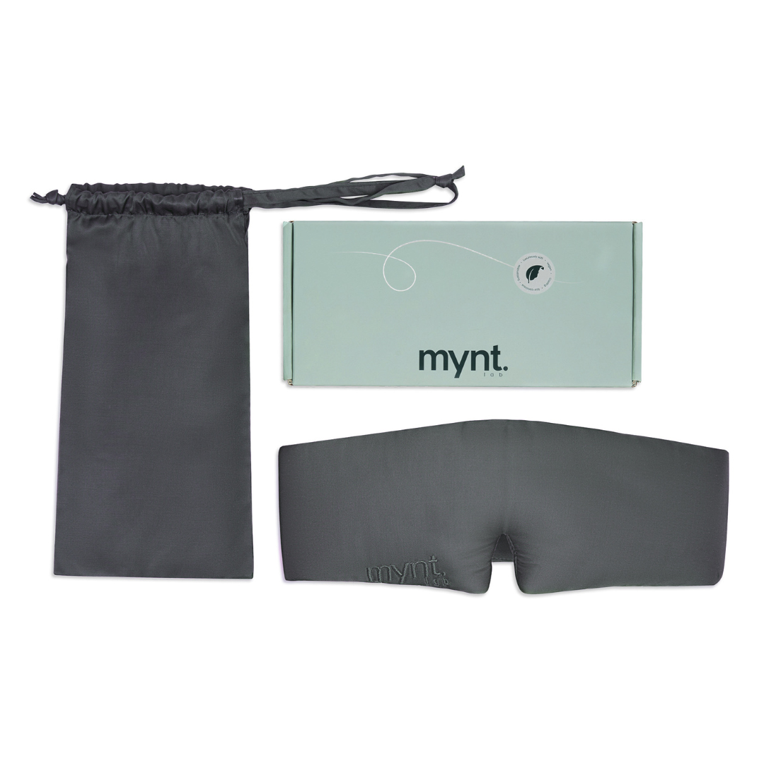 The Sleep Mask, in dark grey, comes with a matching drawstring pouch and is packaged in a light green mynt lab branded box, all displayed on a white background - ideal for deep sleep.