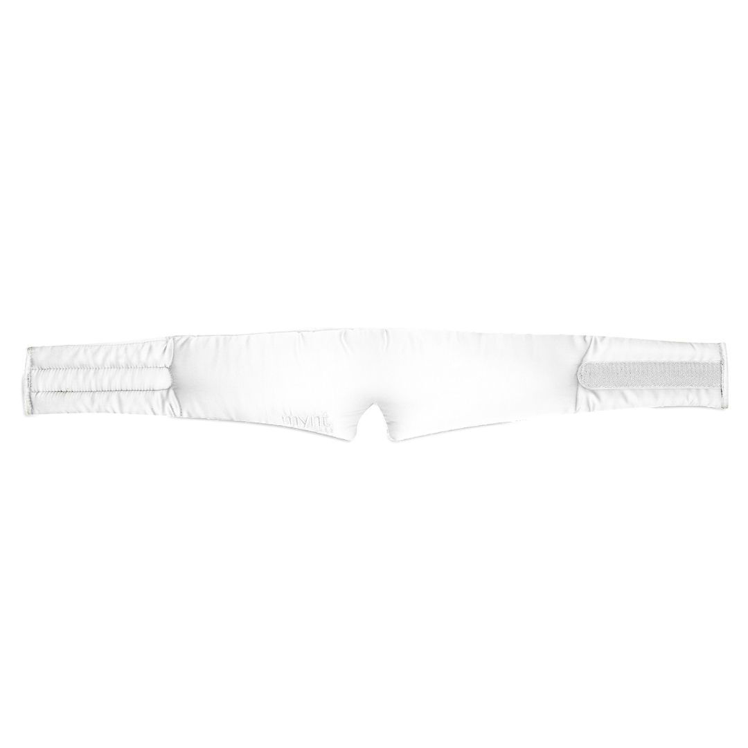 The Sleep Mask is a white, padded strap with Velcro fasteners on each end, designed to block light and enhance deep sleep. It is displayed against a plain white background.