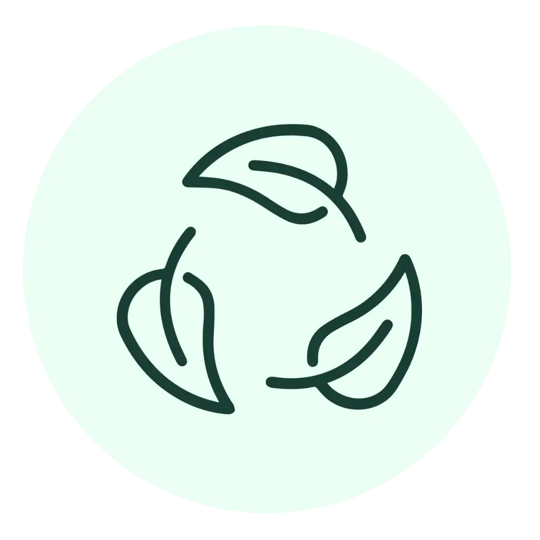 A simple line drawing of three leaves arranged in a circular, recycling symbol pattern on a light green background.