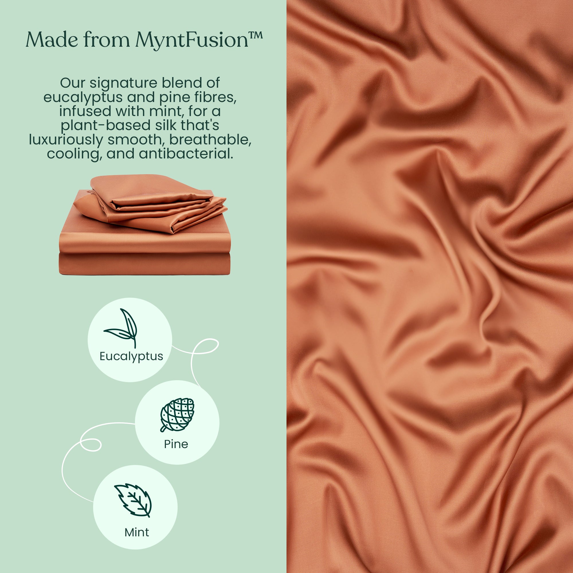 On the left, the Mynt Lab Terracotta Fitted Sheet Set is shown beside text about MyntFusion™, a plant-based fabric from eucalyptus, pine, and mint. On the right is a close-up of the smooth, draped terracotta cooling sheets.