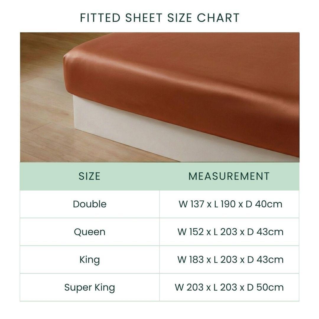 A size chart for Mynt Lab's MyntFusion™ Fitted Sheet Set (3-Piece) in, featuring a terracotta cooling sheet on a mattress, shows dimensions (width, length, depth in cm) for Double, Queen, King, and Super King.
