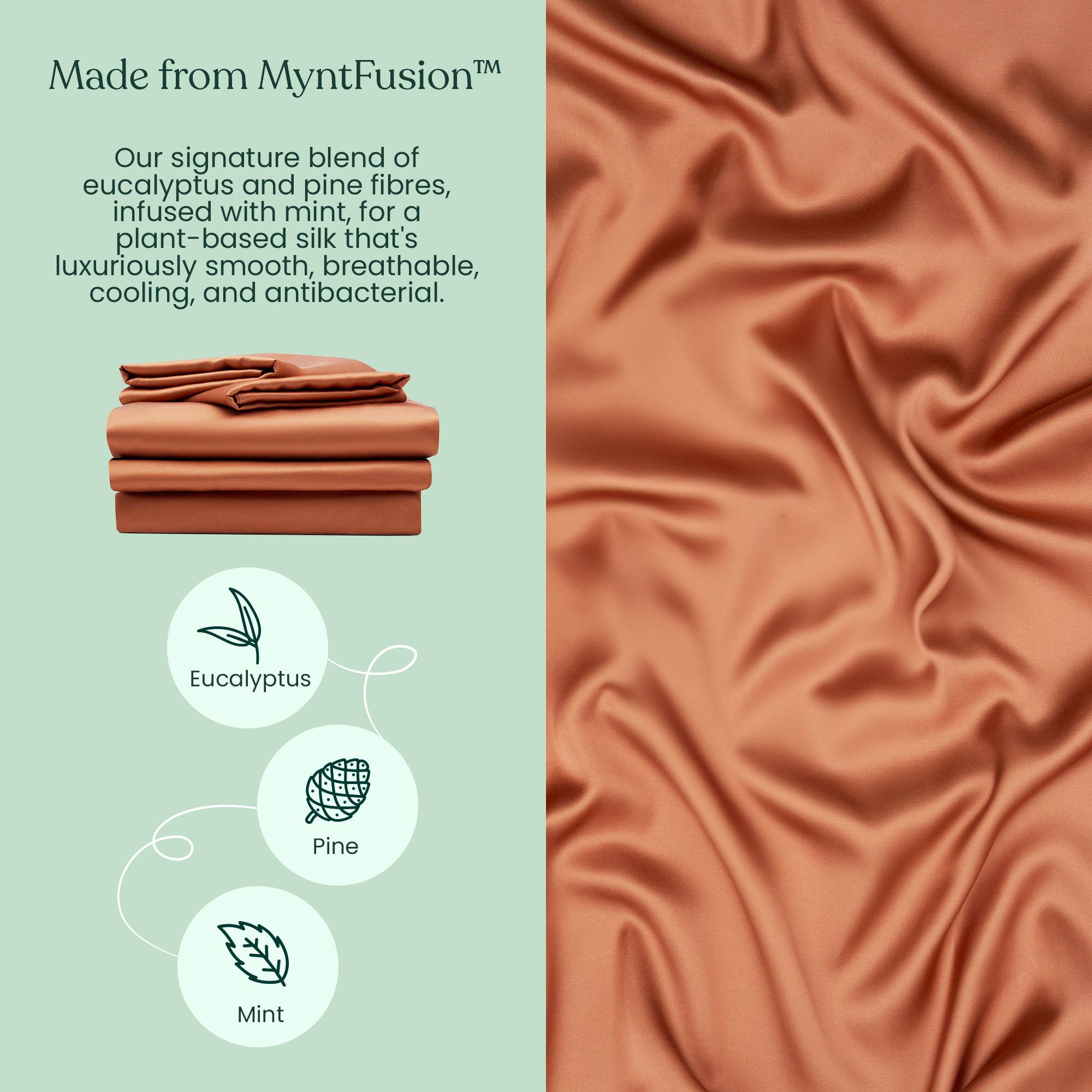 Split image: Left side shows stacked terracotta-coloured Mynt Lab Complete Sheet Set (4-Piece) with cooling sheets crafted from a plant-based silk blend. Right side displays smooth, silky soft terracotta-coloured sheets.