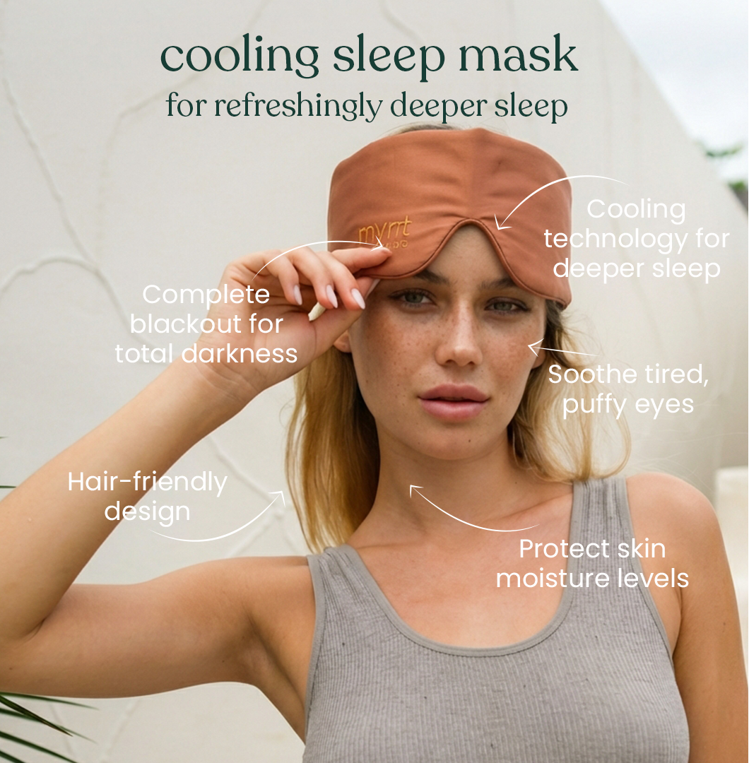 Woman wearing a cooling sleep mask with text highlighting its features.