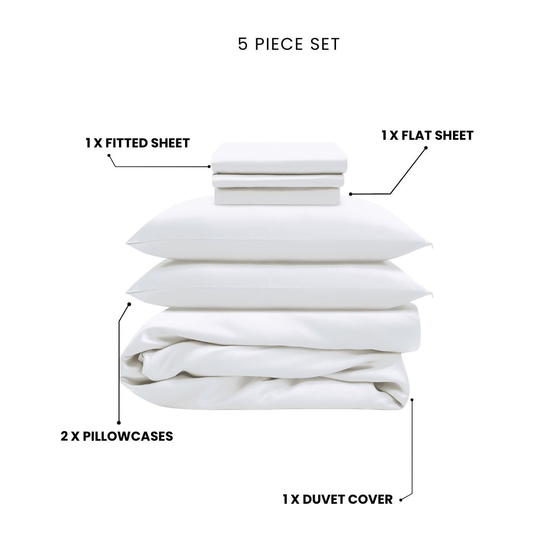 The Mynt Lab MyntFusion™ Complete Bedding Bundle (5-Piece) includes a fitted sheet, flat sheet, two pillowcases, and a duvet cover - crafted for cooling comfort and shown on a plain white background.