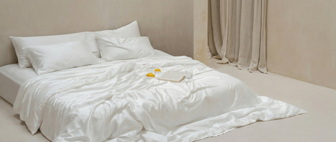 A minimalist bedroom with a low bed covered in white silky bedding, two pillows, and an open book on the bed. Two lemons and a glass sit beside the book. Beige curtains hang in the background.